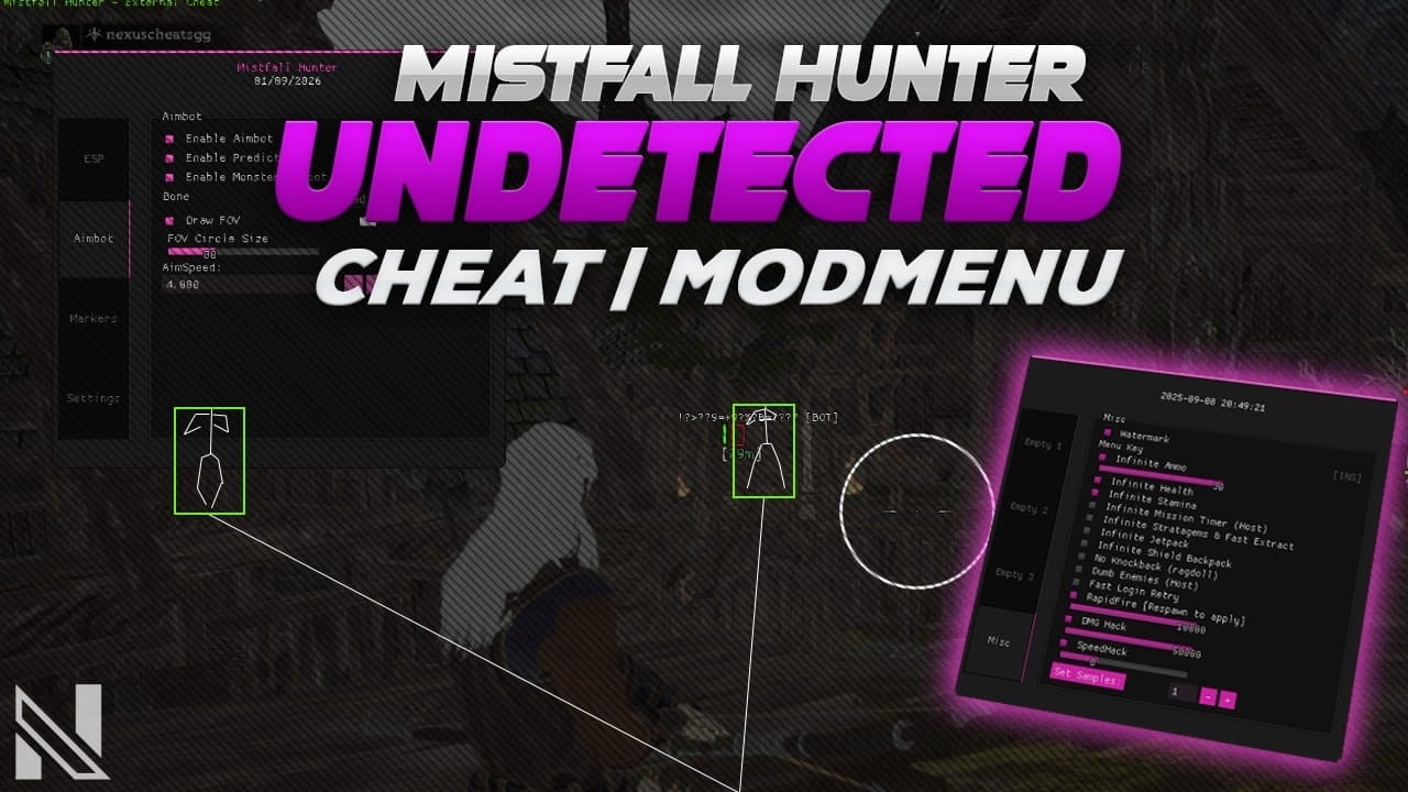 Mistfall Hunter cheat gameplay — ESP and the aimbot running live in a raid.